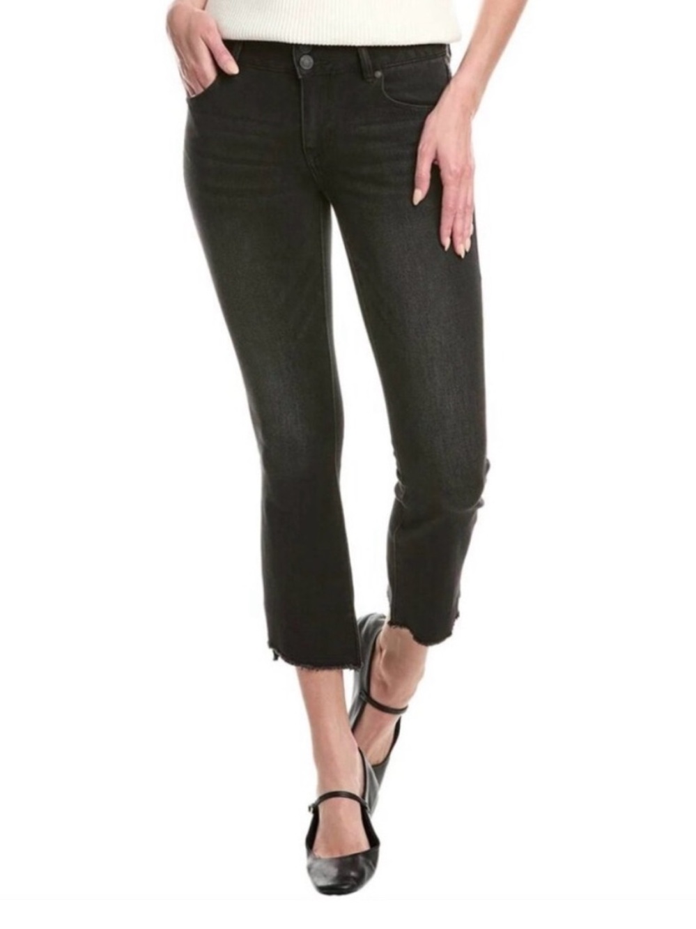 NEW CAbi 4519 Hi-Low Crop Jeans Washed Black Raw Hem Size 20